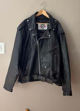 Heavyweight Black Leather Motorcycle Biker Jacket Size 64 Quilted Moto Belted